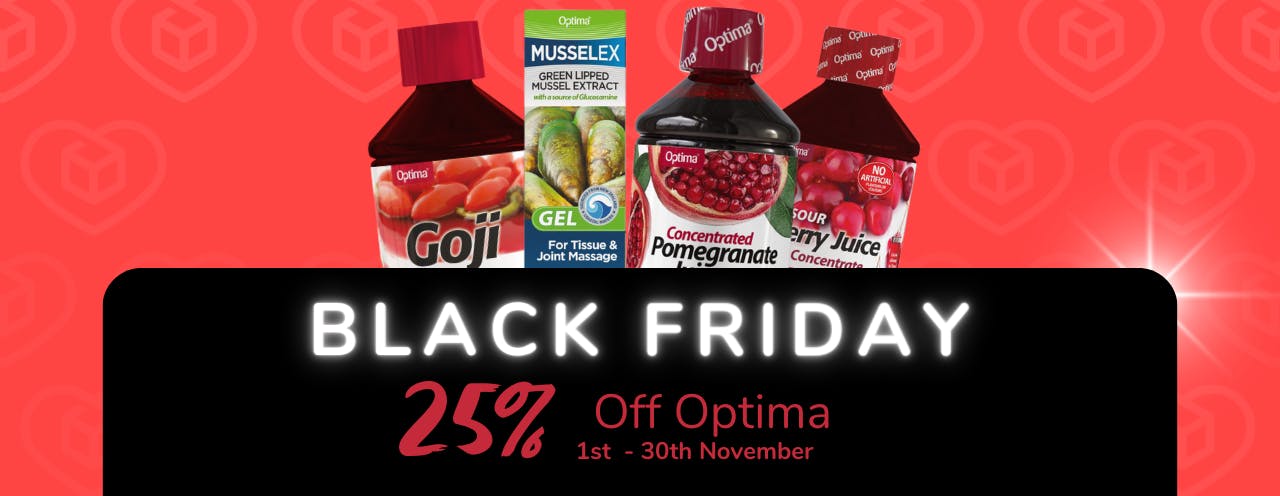 White text on black background saying: 'Black Friday Sale, up to 25% off Optima at medino.com'
